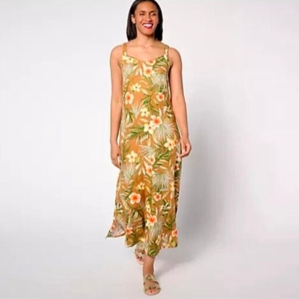 Denim&Co Naturals Linen Blend Tropical Floral Print Maxi Dress in Butterscotch S
